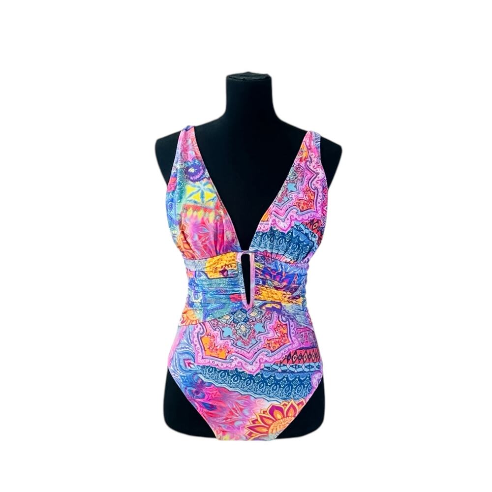 Bleu Rod Beattie Multicolor Plunge V-Neck Boho One Piece Swimsuit Size 6